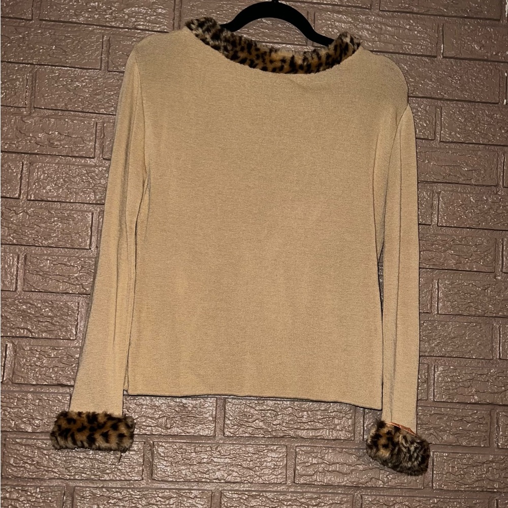 Takeout Tan Blouse with Leopard Trim